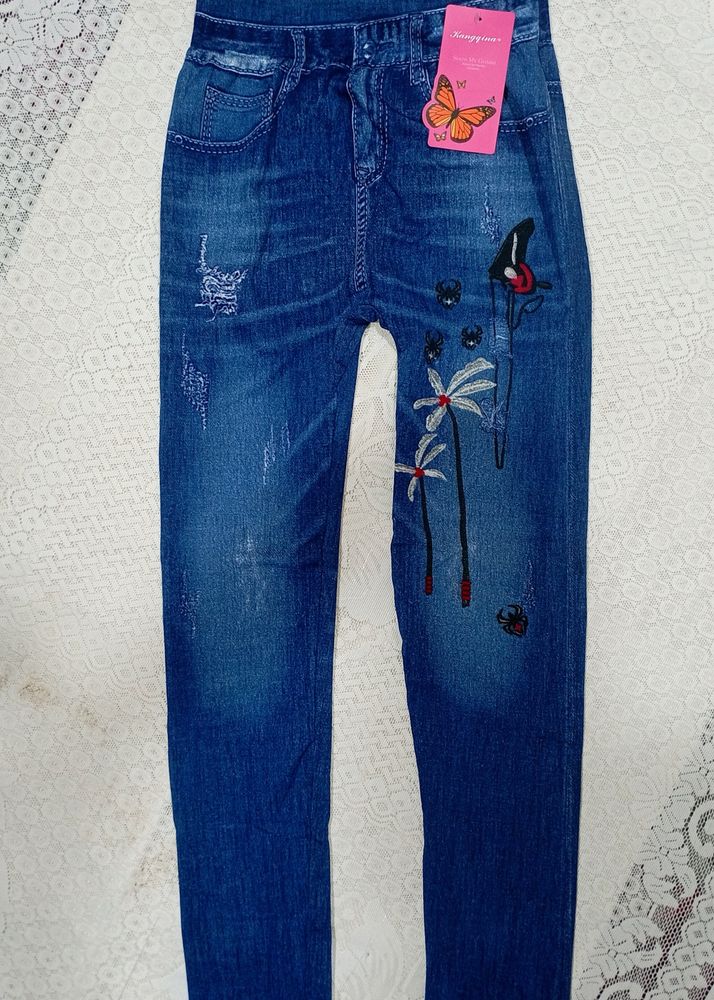 High Waist Denim Print Jeggings