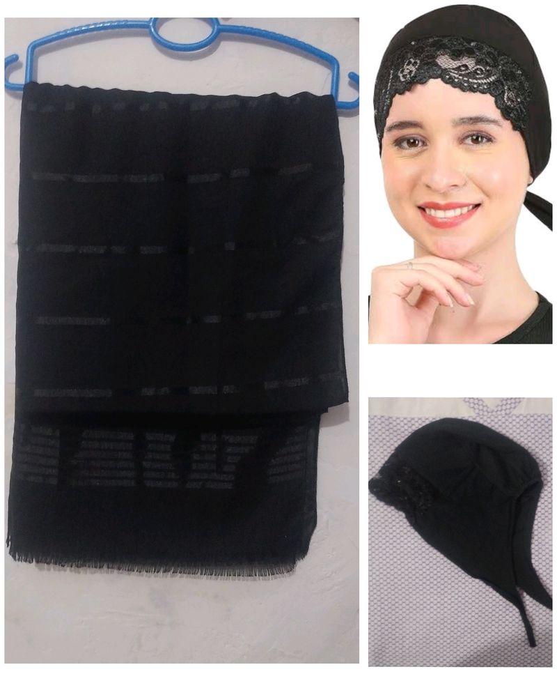 Black Cotton Hijab/Stole With Net Cap