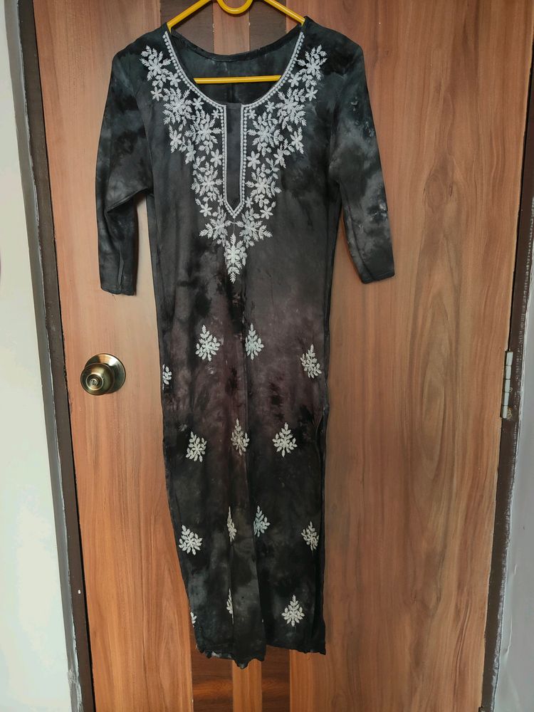 Charcoal Grey Tie-Dye Chikankari Kurta(Women)