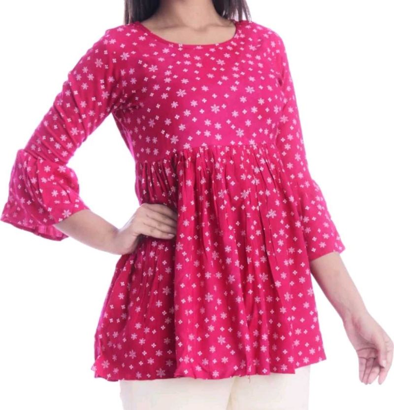 Casual Bell Sleeves Printed Women Pink Top