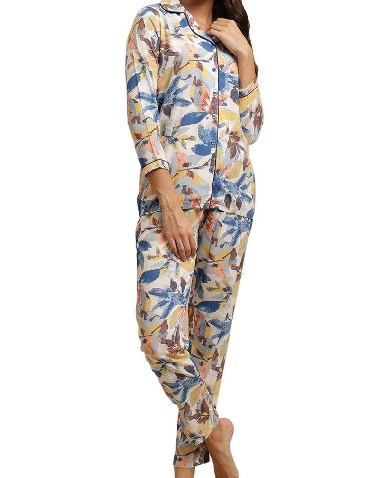 Floral Rayon Blue Night Suit for Women/Pajama Set