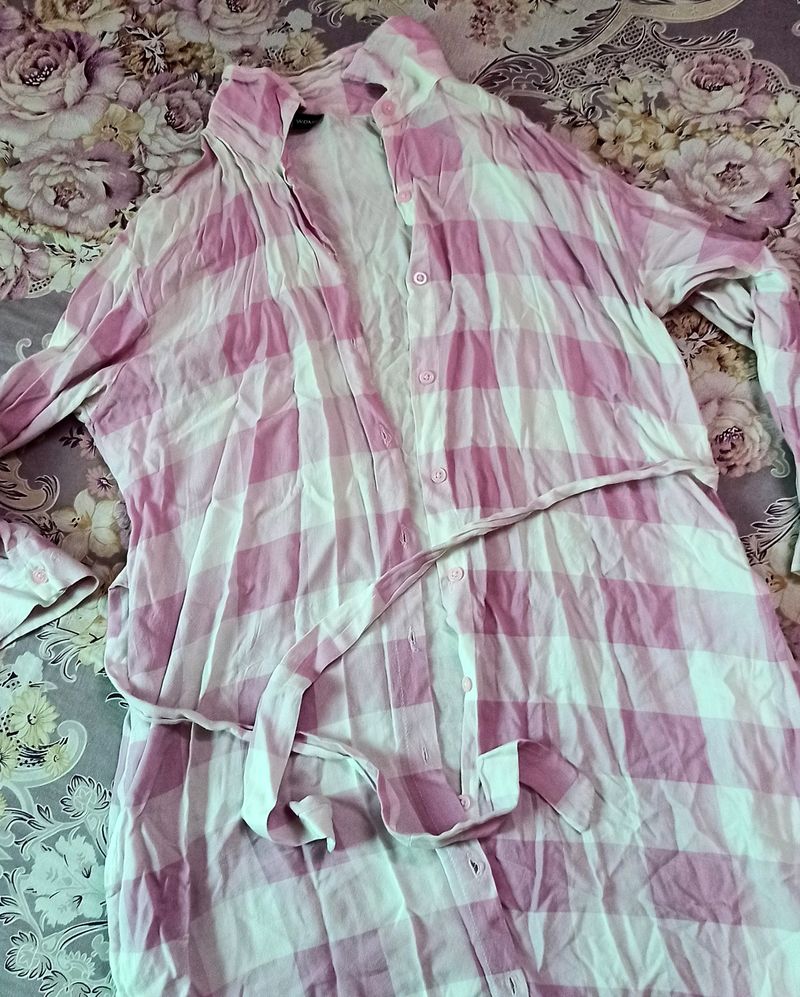 Pink And White Check Shirt For Women/Girls