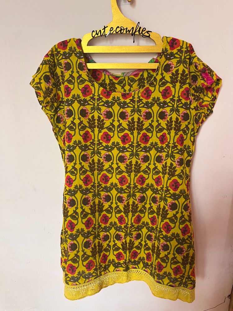 Yellow Floral Printed Short Kurti