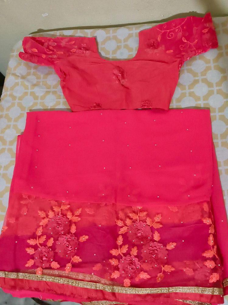 Rose Pink Saree With Stitched Blouse