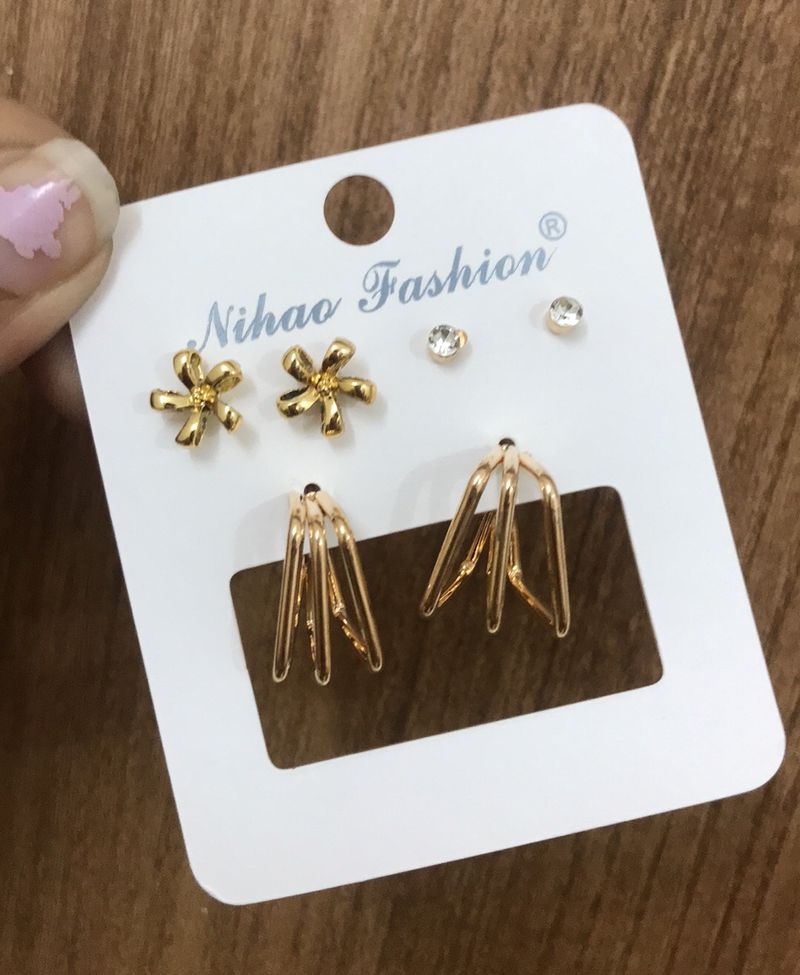 Set Of 3 Gold Stud Earrings For Women