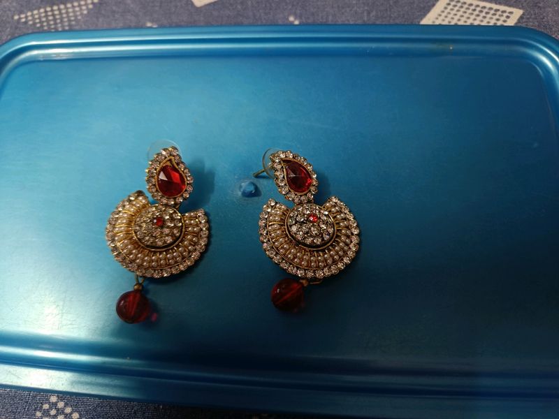 Red And Pearl Coloured Heavy Earrings