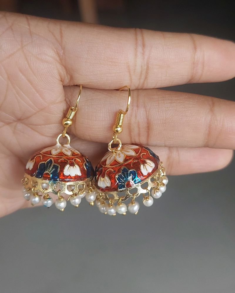 Meenakari Ethnic Flower Print Jhumka Earrrings