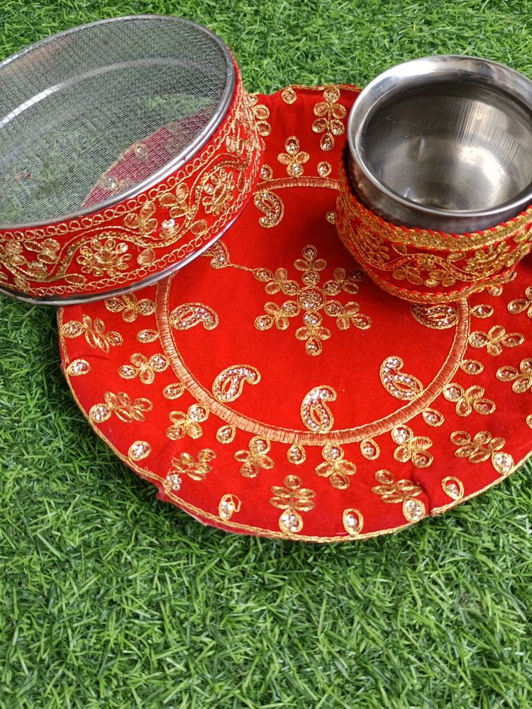 Krwa Chauth Steel Thali, Chalni And Lota