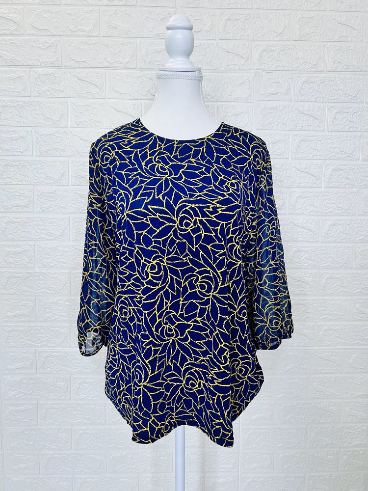 Rose Pattern Navy Blue Short Kurti