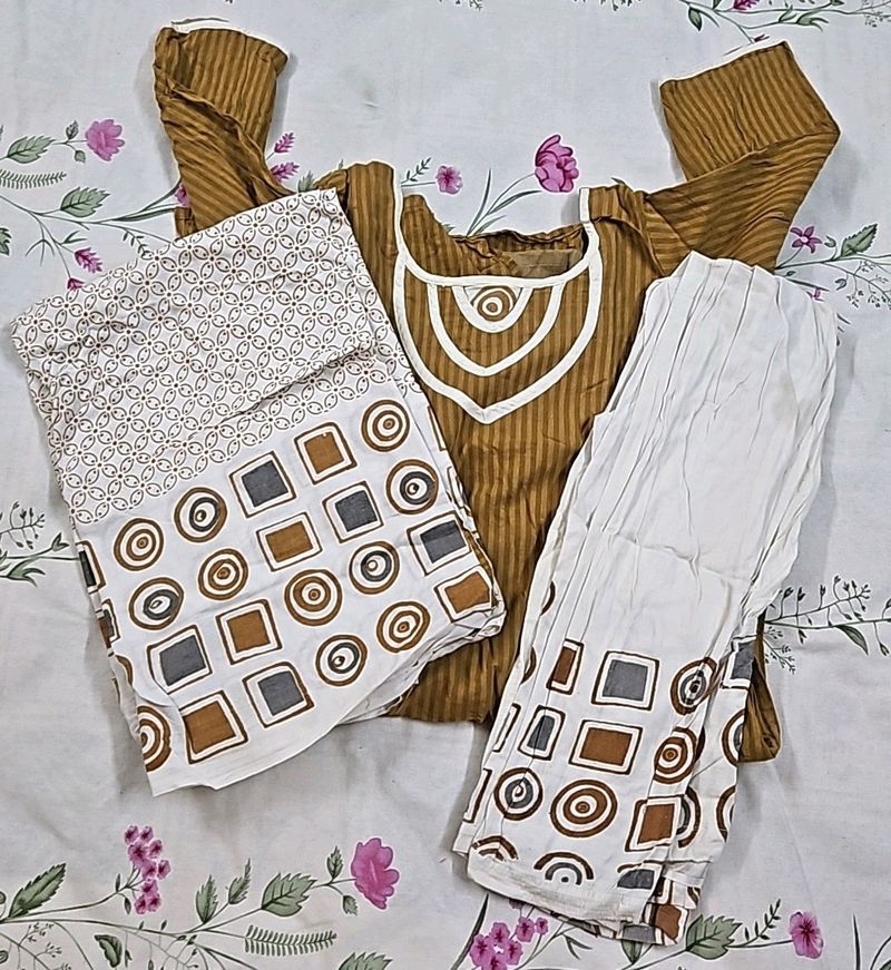 Sand Brown And White Suit Set Pure Cotton