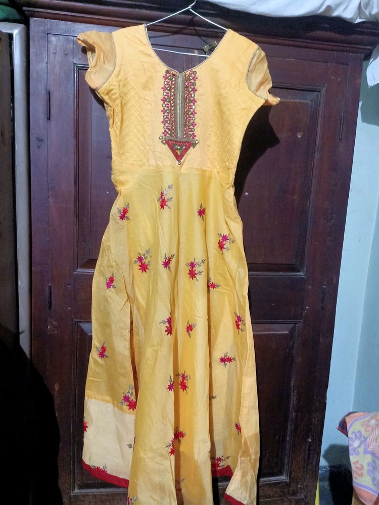 Yellow Embroidery Real Mirrors Work Anarkali Gown