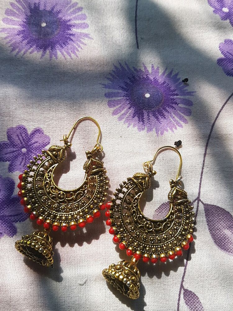 Beautiful Golden And Red Ear Rings