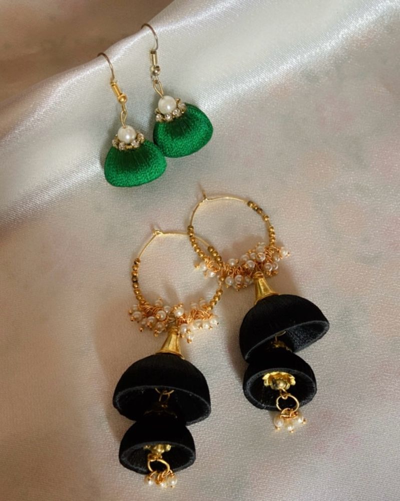 Handmade Jhumka Earring Green And Black Combo