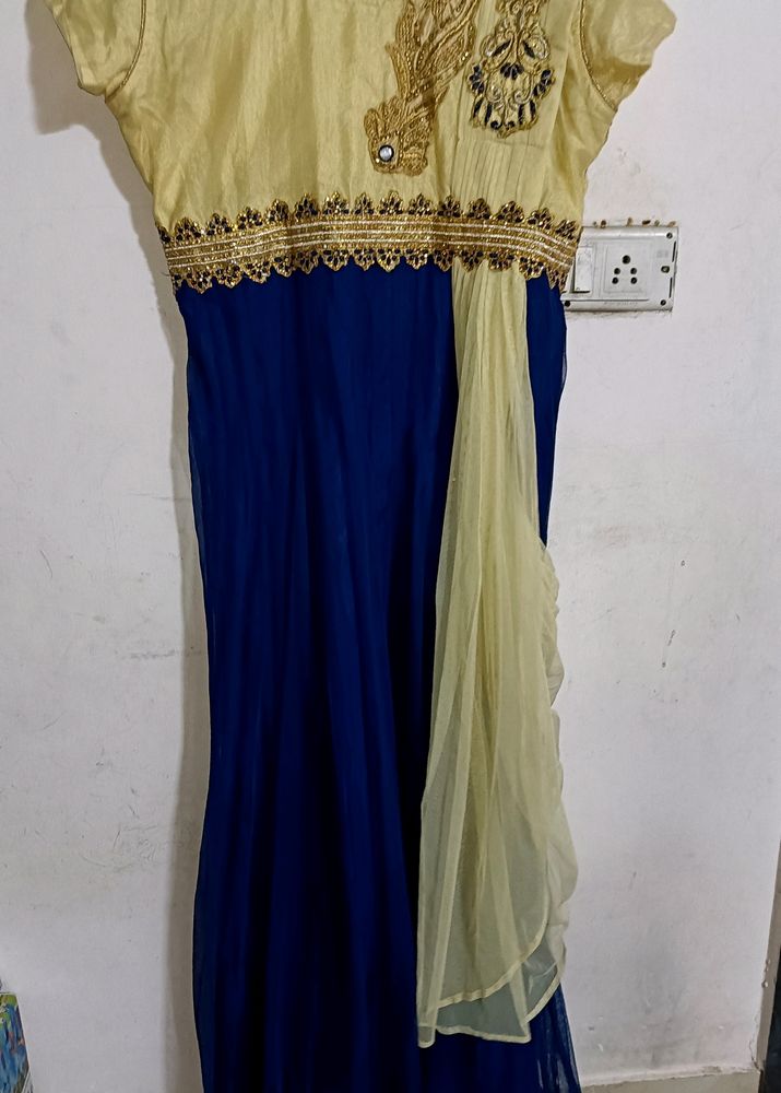 Ethnic Wear Gown In Dark Blue And Golden I Colour