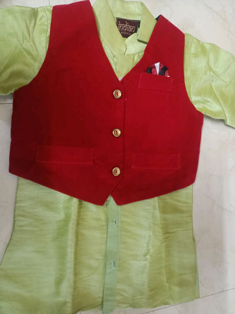 Boy Silk Kurta-Dhoti-Velvet Kotti Set For Festival