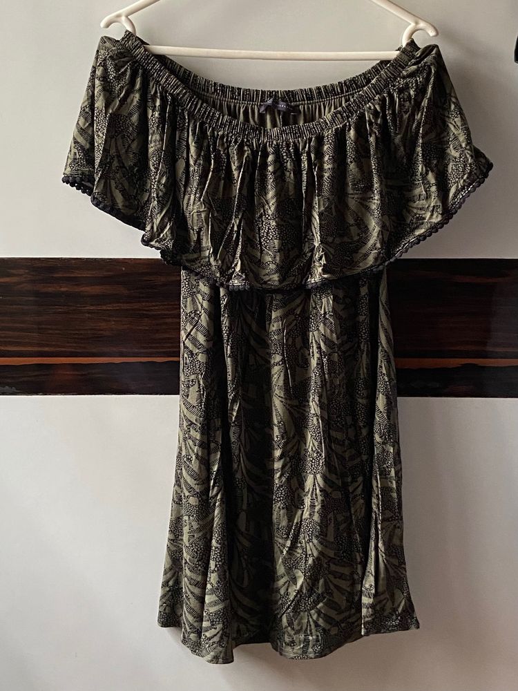 Marks & Spencer Olive Green Printed Bardot Dress