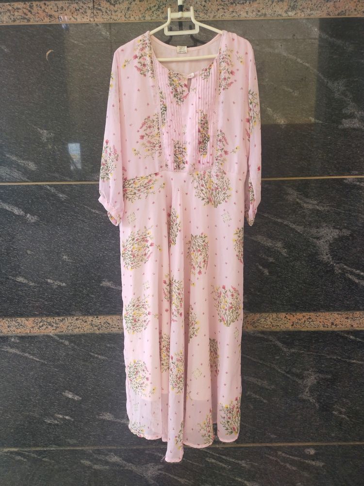 Beautiful Floral Pink Long Kurtha With Frill