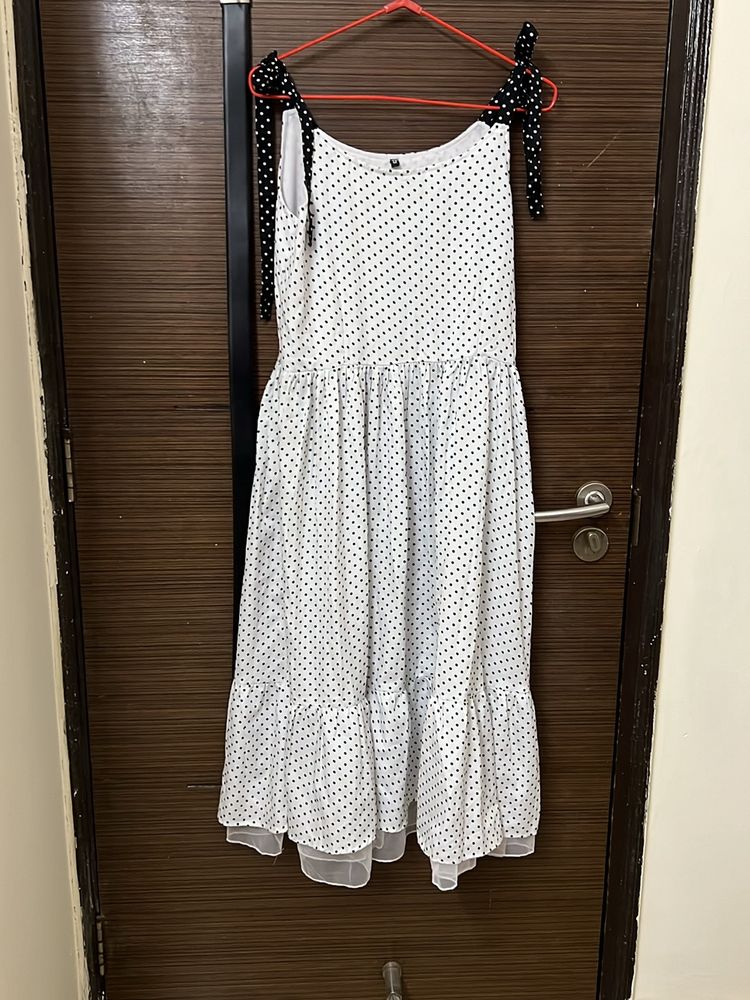 Beautiful White Polka Print Full Flared Dress