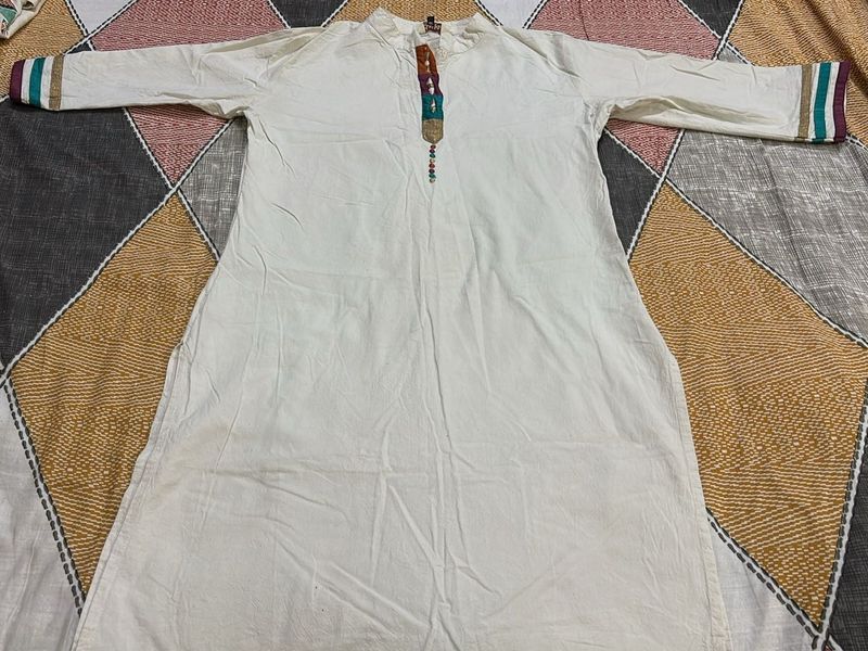 White Golden Border Embroidered Kurti