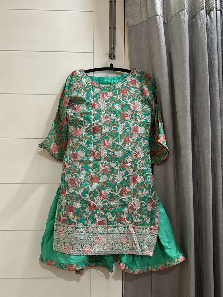 Koskii Sea Green Floral Print Sharara Set