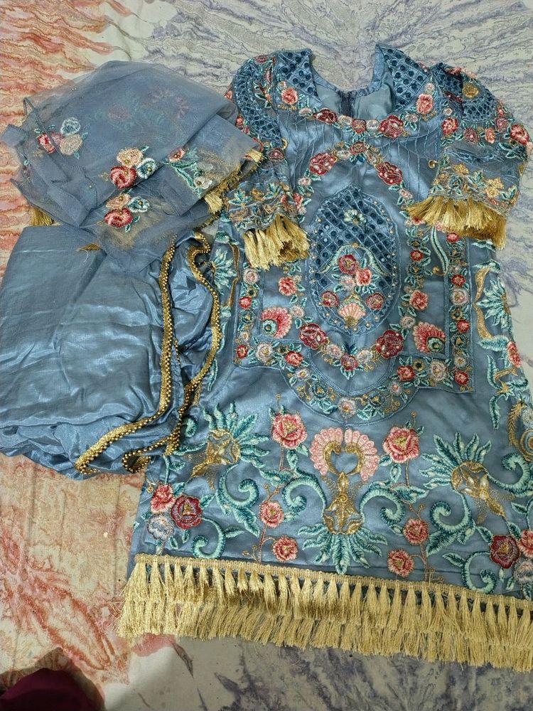 Grey Sharara Suit With Dupatta