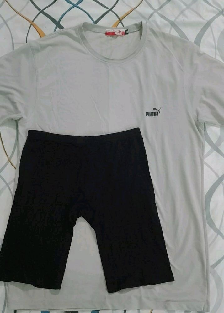 Combo Of Puma Tshirt And Bikers Short