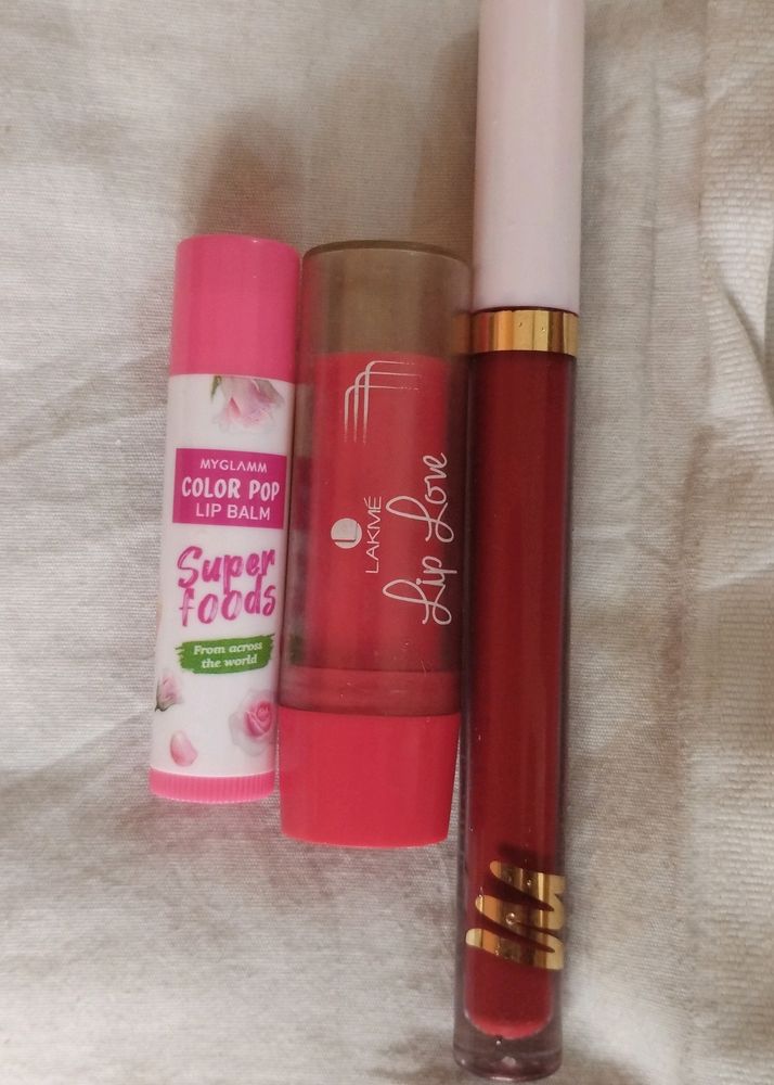 Trio of 2 Pink Lip Balms and 1 Red Liquid Lipstick