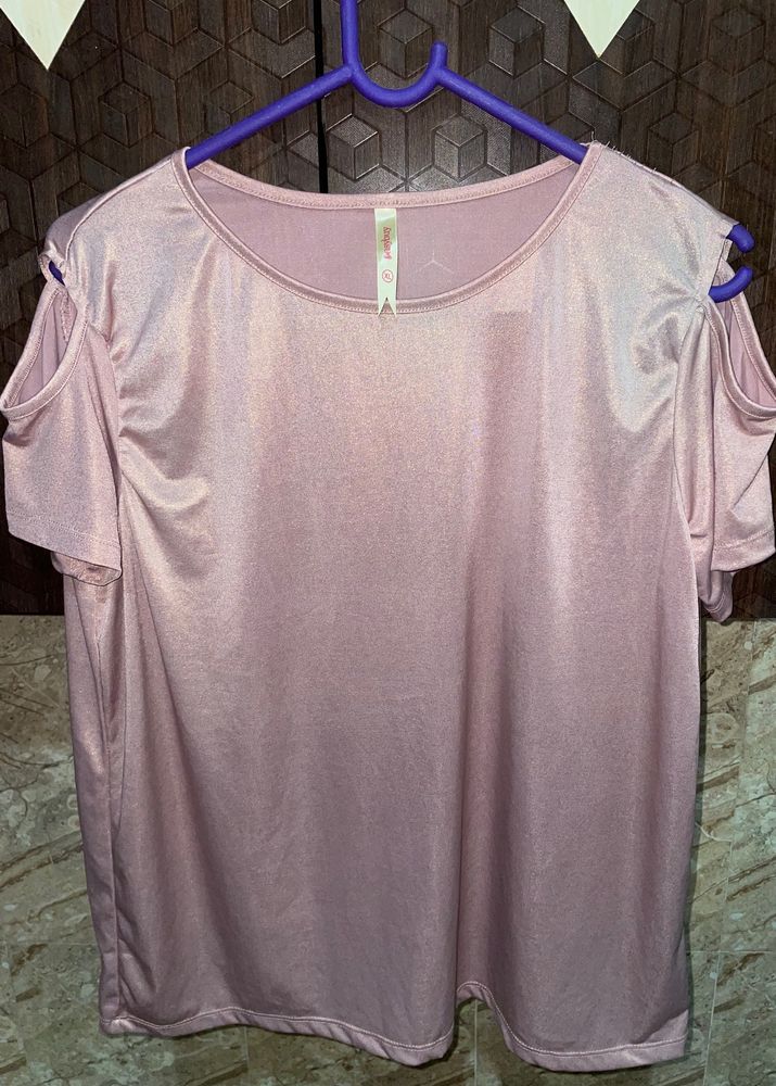 A classy and trendy light Pink blingy knit tee with a Off shoulder sleeves