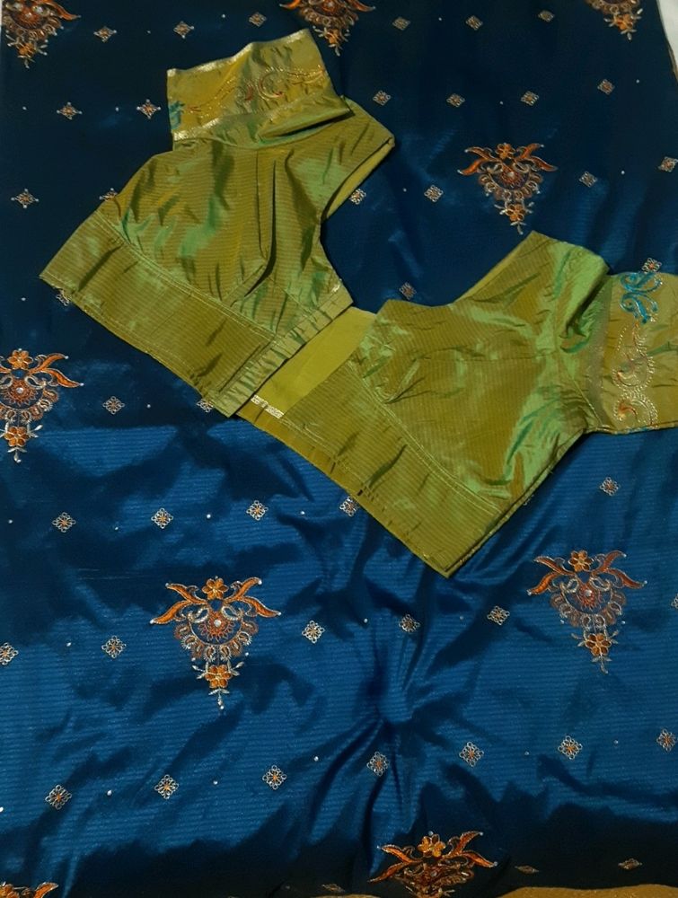 Navy Blue Saree With stitched Blouse