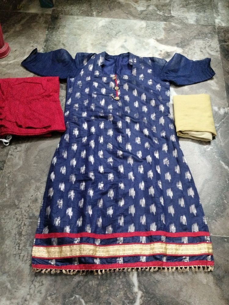 Blue Kurti Red Churi Cotton Pant And Cream Dupatta