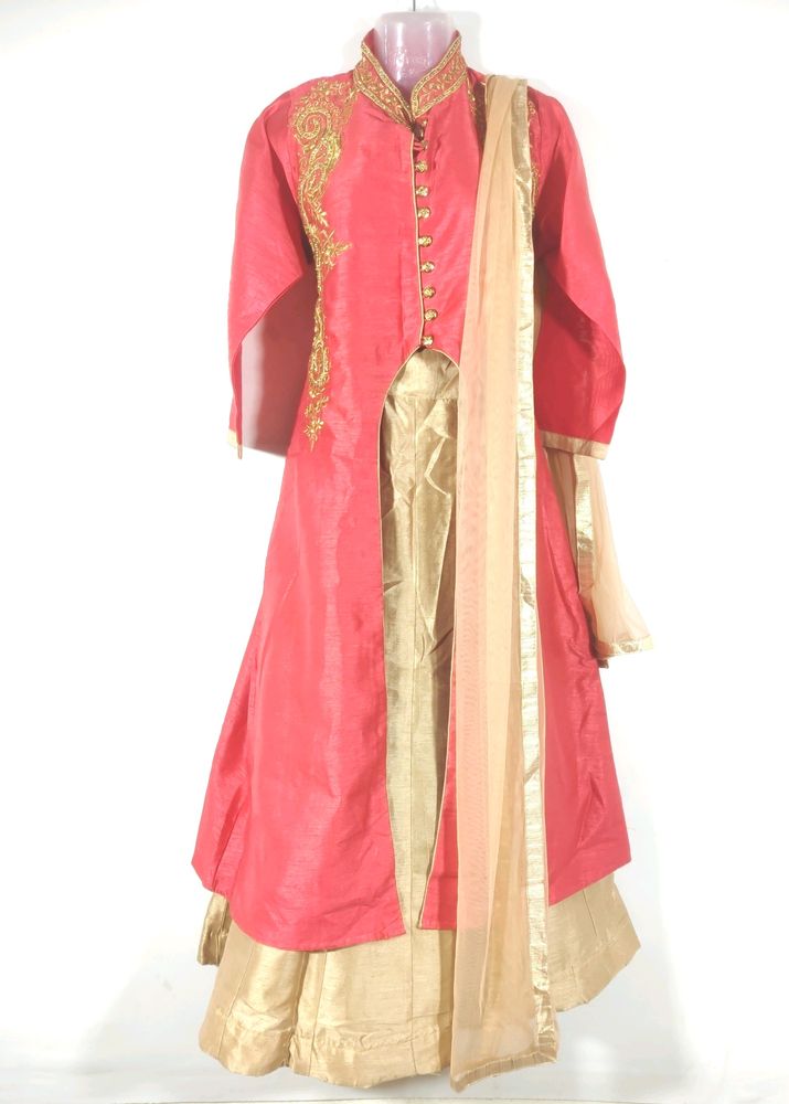 Coral &Tan Embroidered Kurta With Skirt Set(Women)