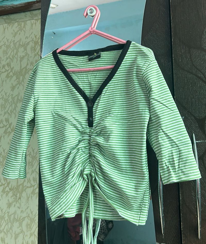 Green Color Top With White Lines Design