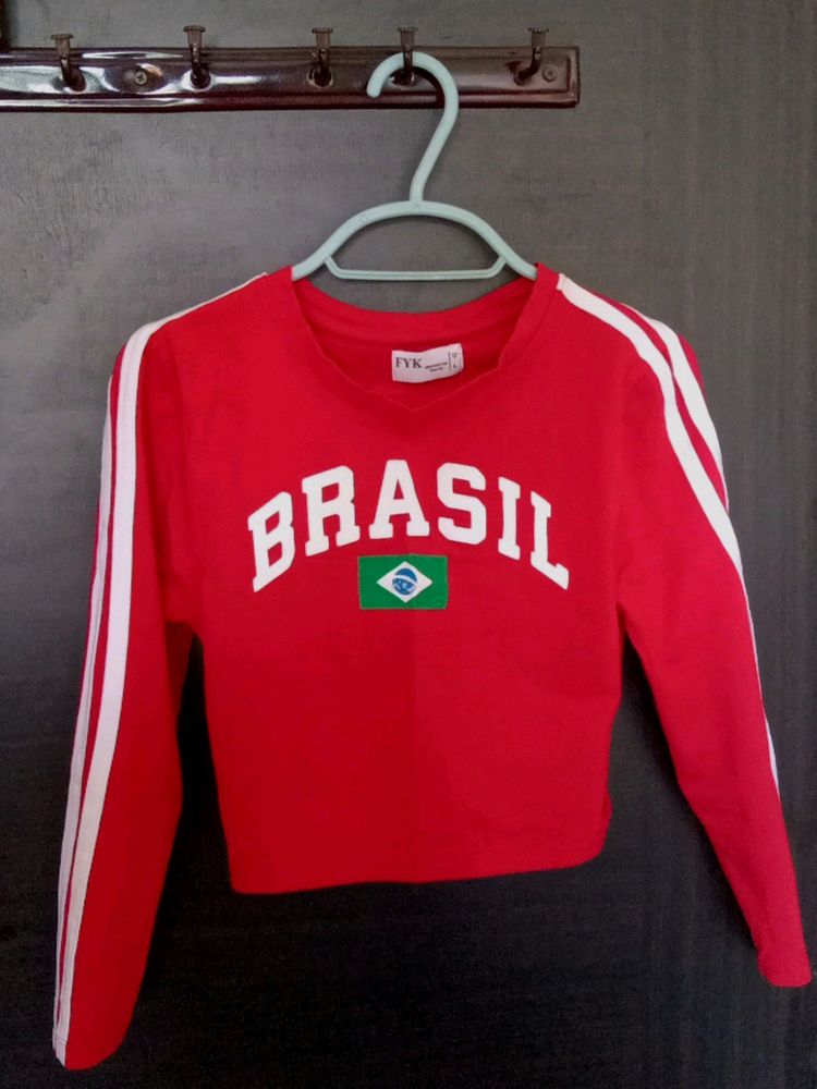 Brazil Print Red Cropped Tee