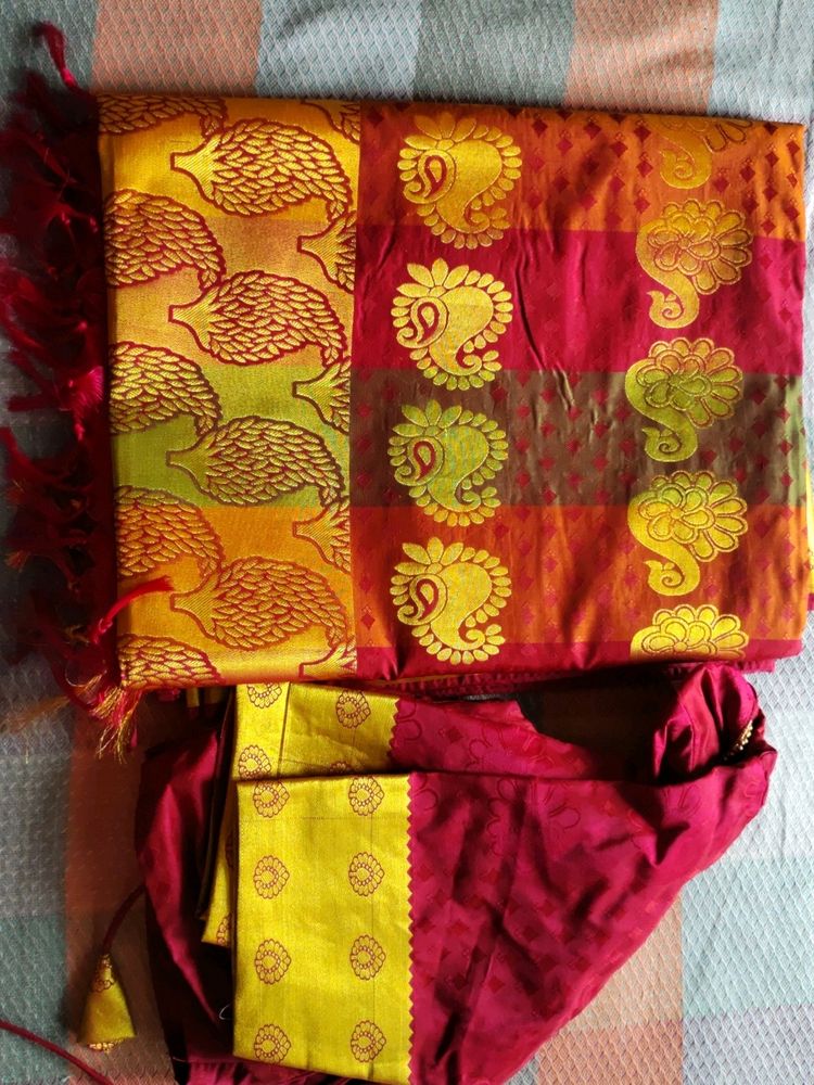 Wedding Cotton Silk Saree With Stitched Blouse