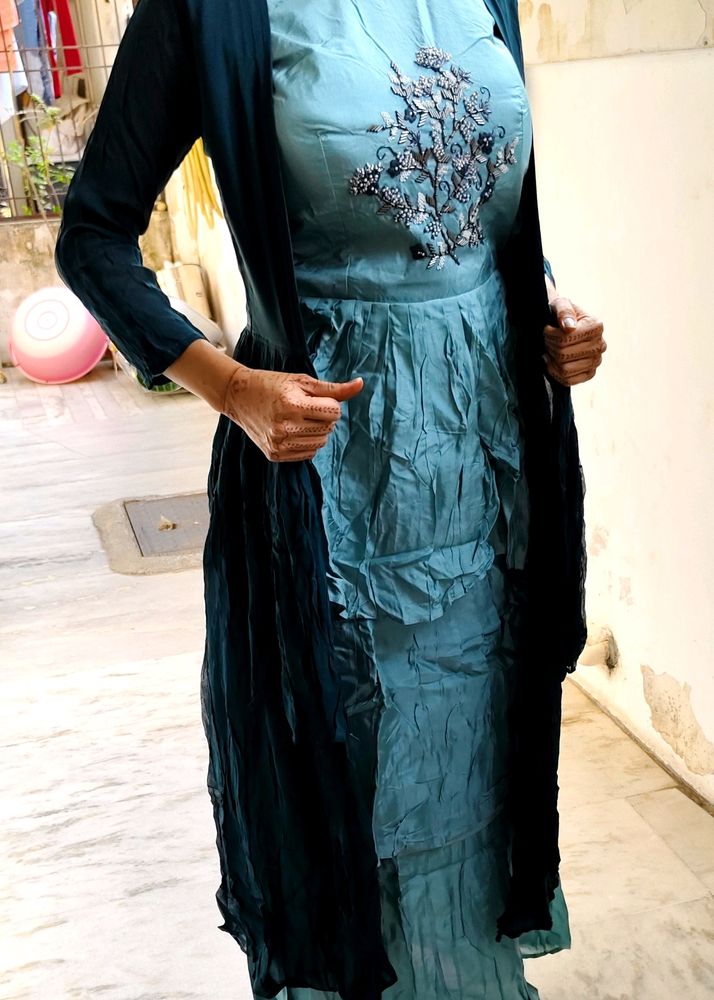 Dark Green And Light Colour Gown With Shru