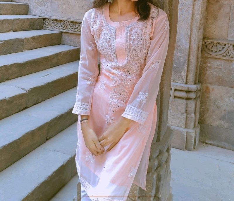 Peach Chikankari Kurti