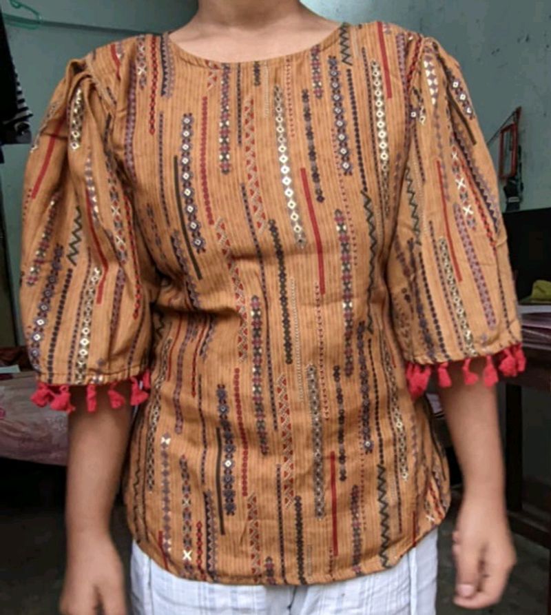 Woven Pattern Top with Flared Sleeves