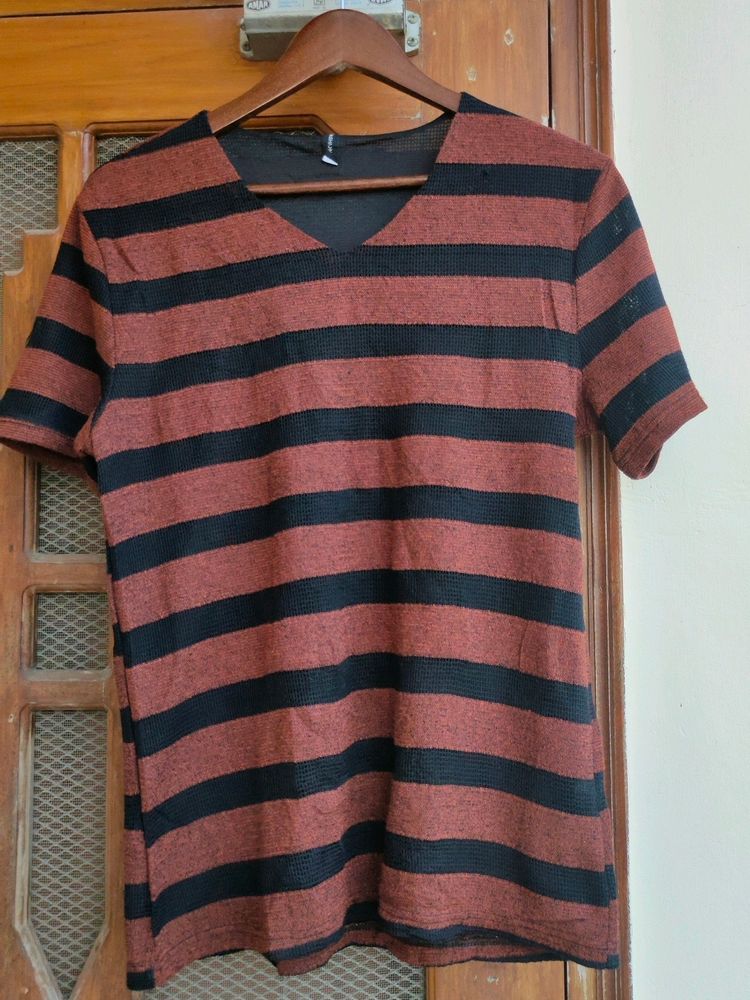 Striped, Brown V-Neck T Shirt