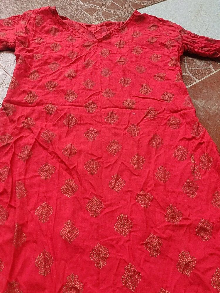 Golden Printed Red Cotton Kurta