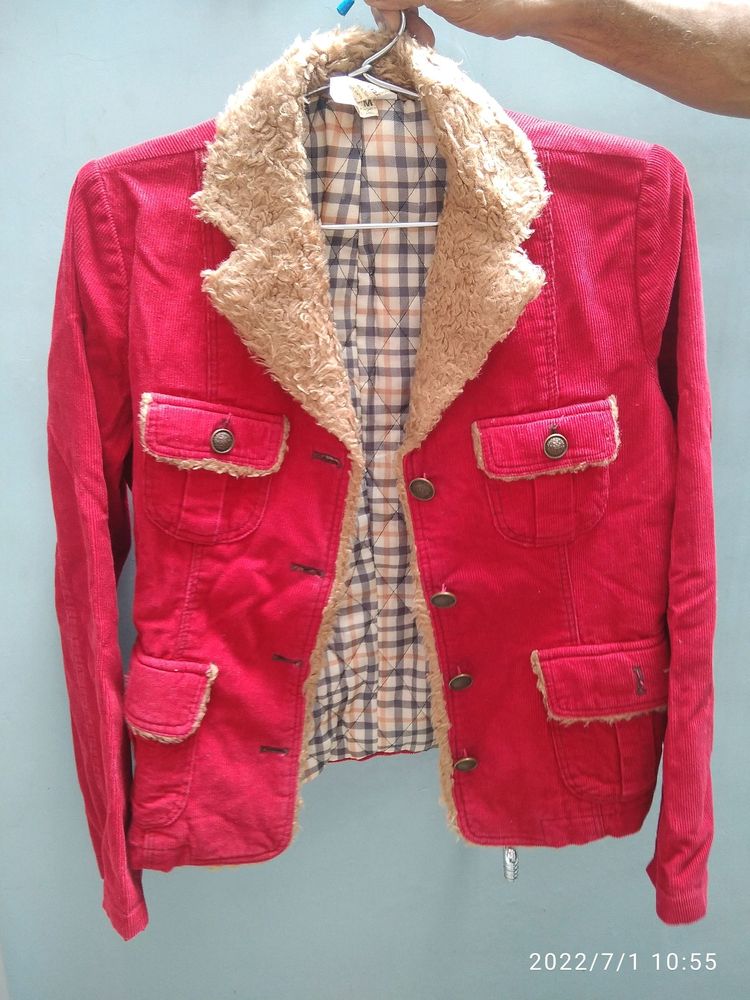 RED CORDUROY JACKET WITH FAUX FUR