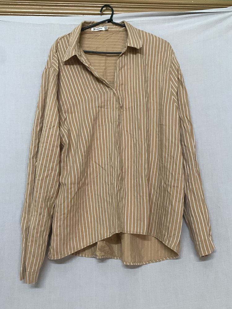 Nude Colour Strip High Low Shirt Top