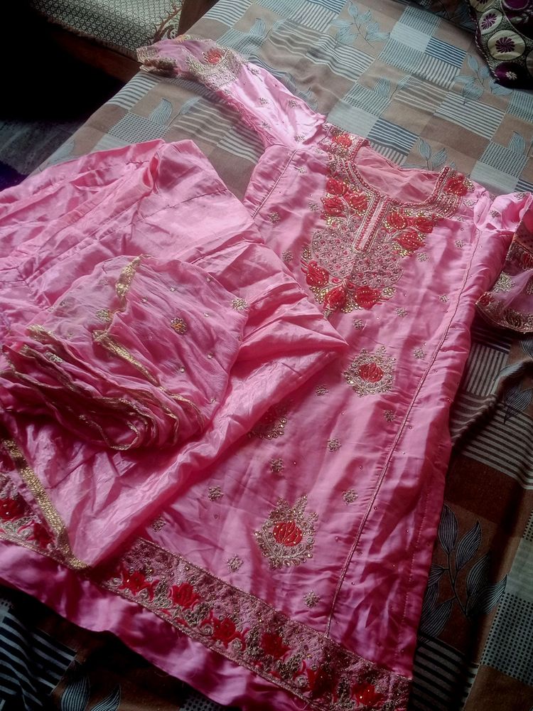 Pink Kurta Skirt Plazo With Dupatta