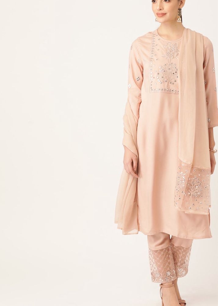 Peach Mirror-work Kurta with Trouser and Dupatta