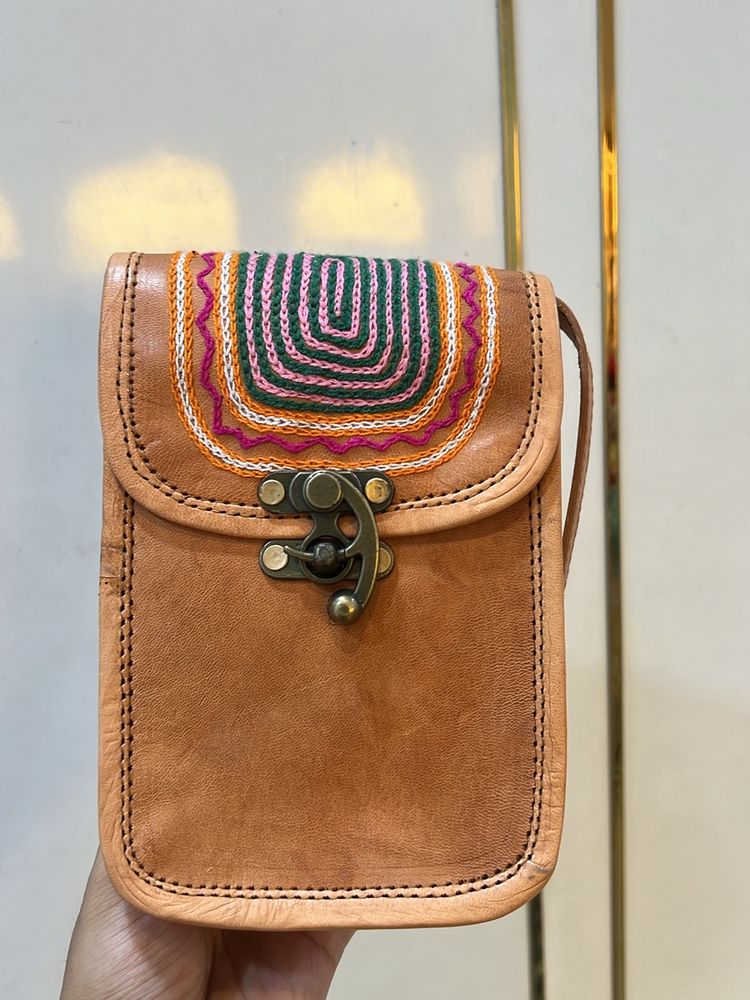 Leather Sling Bag With Woolen Art Work