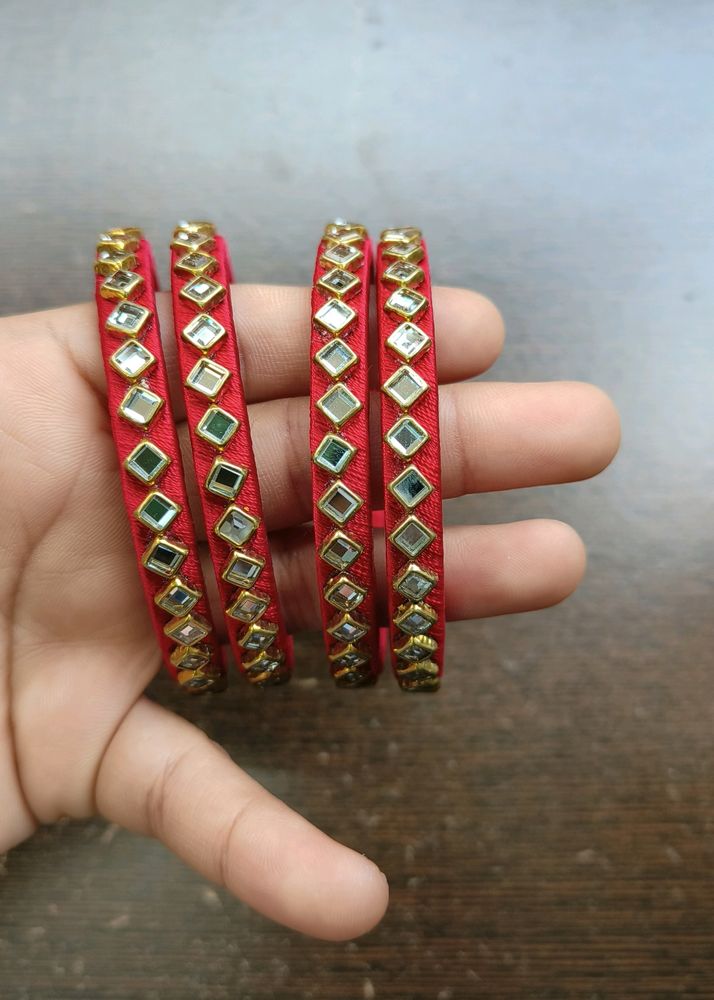 4 Red Bangles with Mirrored Detail