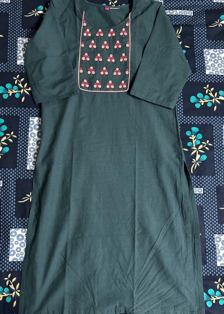 Beautiful Teal Green Cotton Embroidery Kurthi- New