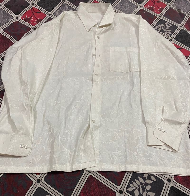 White Self Design Cotton Silk Shirt