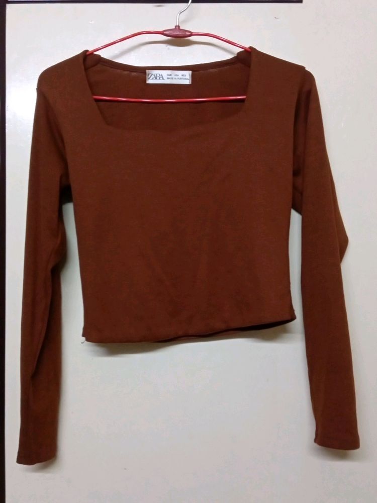 Brown Full Sleeve Crop Top