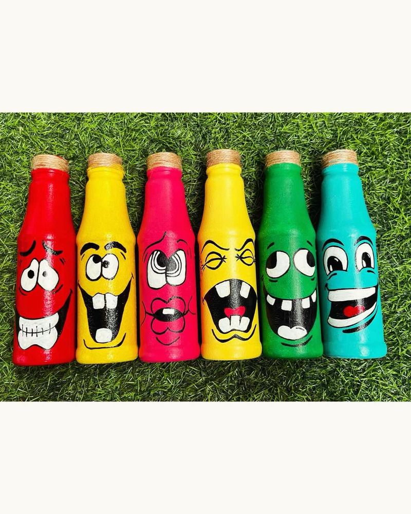 Handpainted Emoji Bottle Art Set Of Six