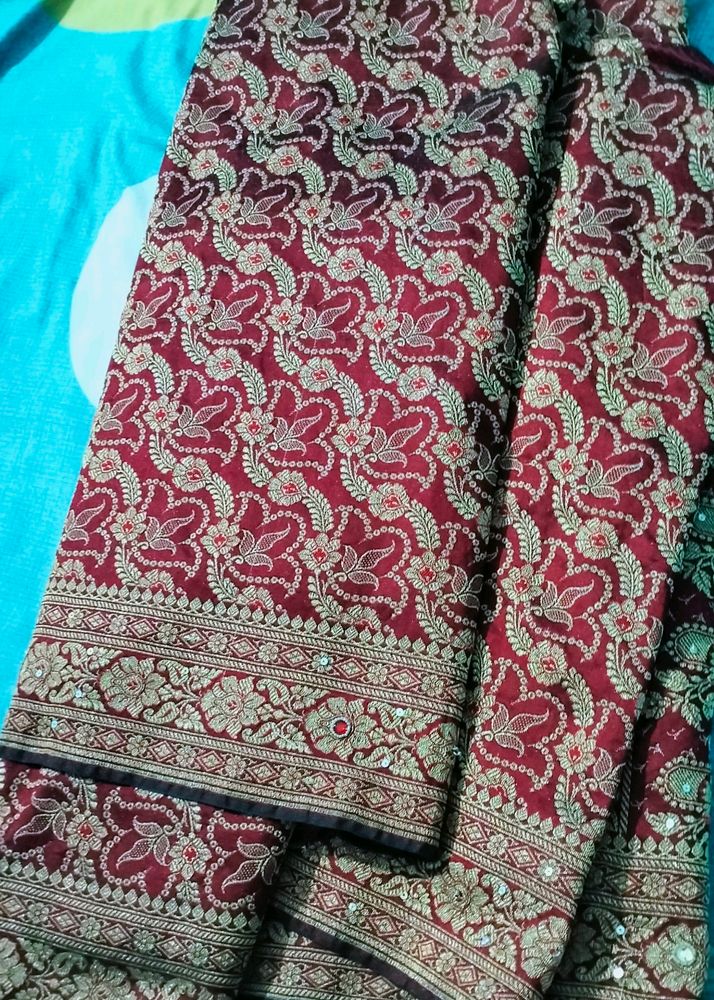 Maroon And Golden Saree